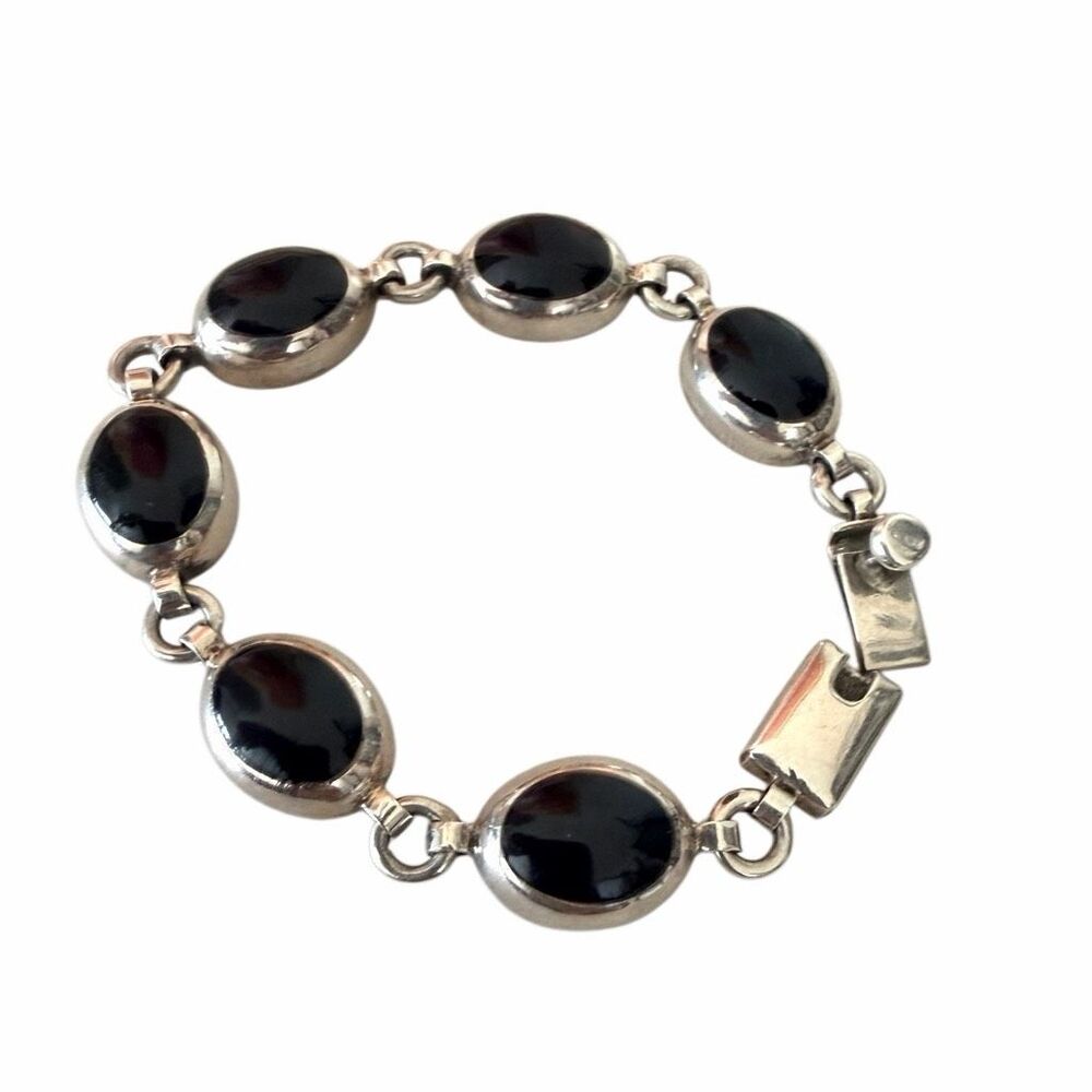JRI Mexico 925 Sterling Silver Black Onyx Link Bracelet